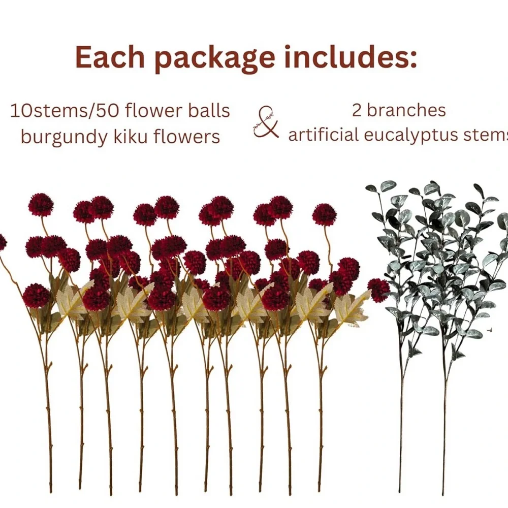Burgundy Dark Red Artifical Flowers | Chrysanthemum & Eucalyptus